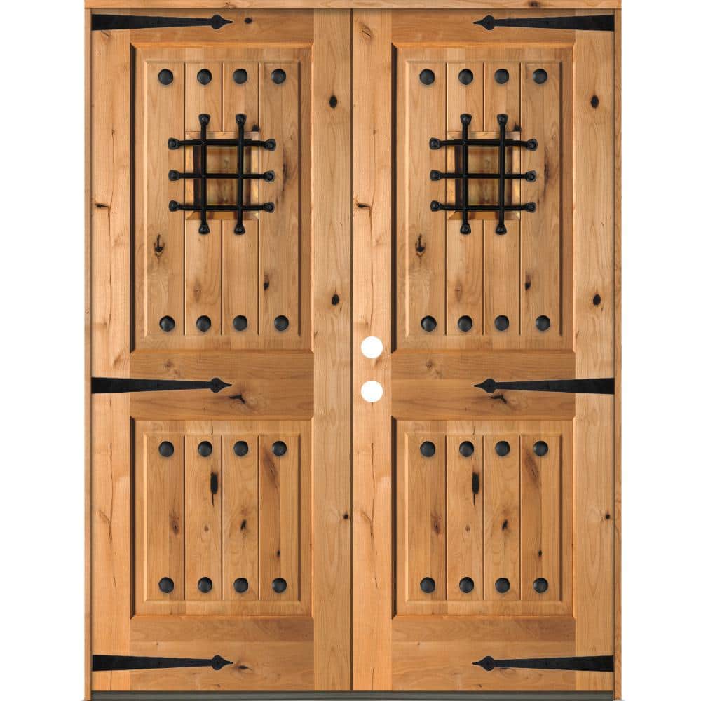 64 in. x 80 in. Mediterranean Knotty Alder Square Top Clear Right-Hand Inswing Wood Double Prehung Front Door price history on PriceWatchPro