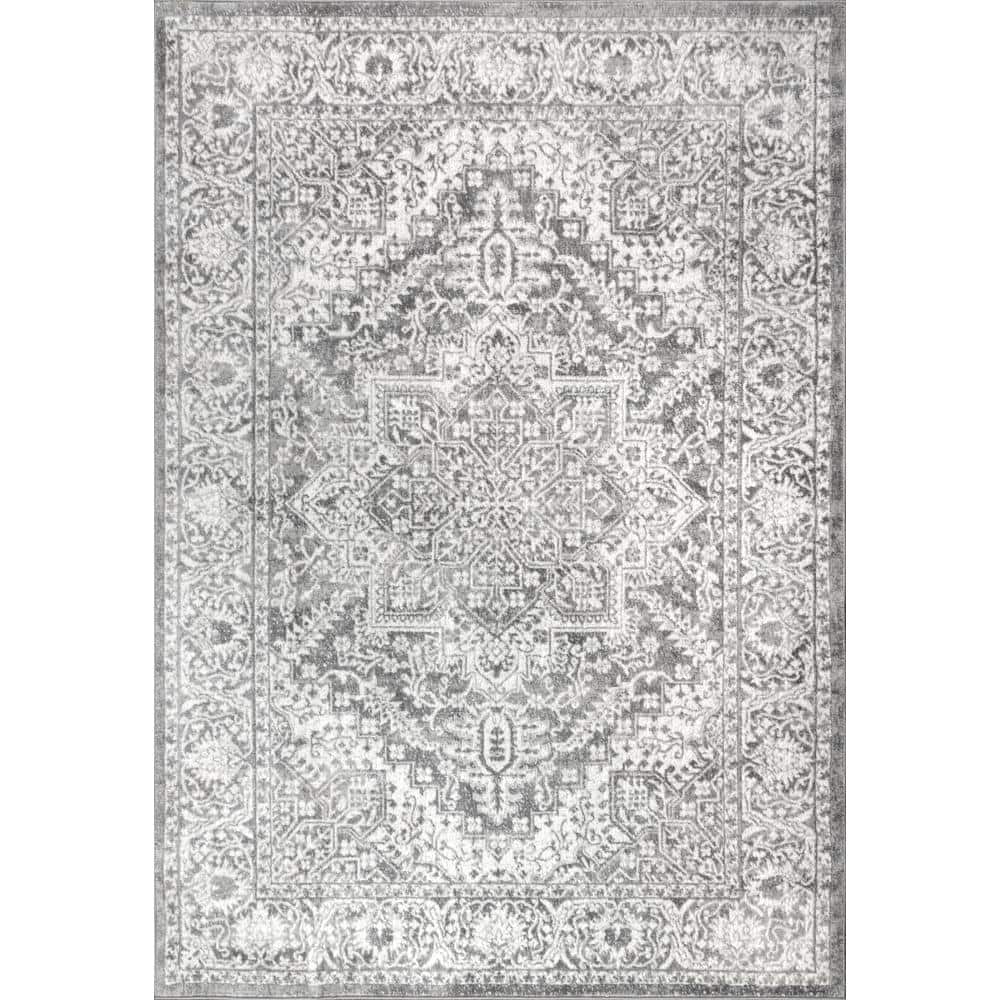 Light Grey Synthetic Medallion 4' x 6' Area Rug