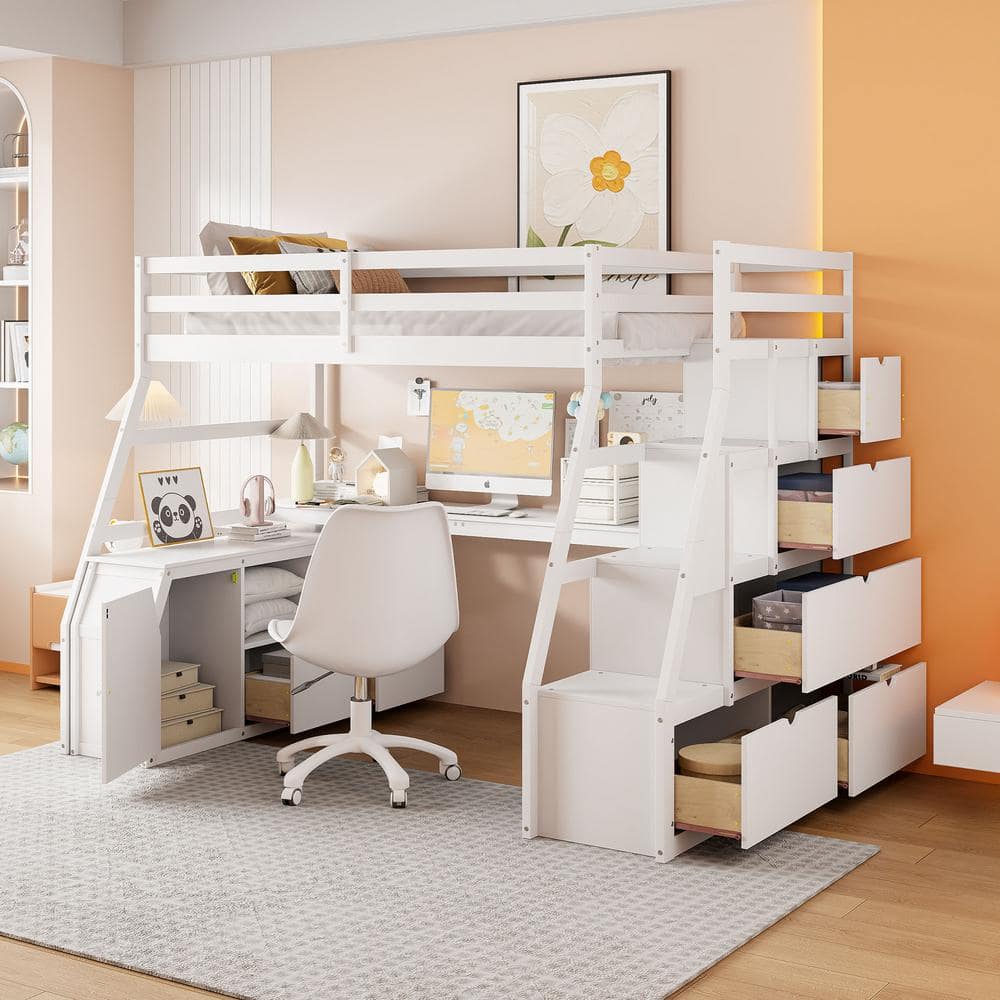 White Full Size Loft Bed with Desk 2 Shelves and 7 Drawers