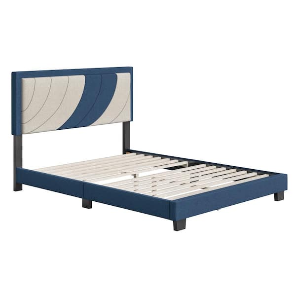Sail Away Upholstered Linen Platform Bed, Full, White/Blue