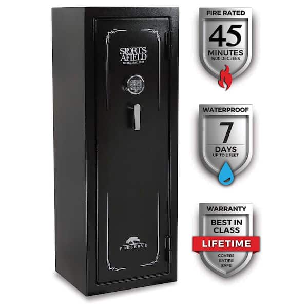 Sports Afield Preserve 18-Gun Fire and Waterproof Gun Safe with Electronic Lock, Black Textured Gloss