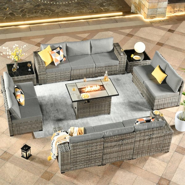 HOOOWOOO Crater Grey 13-Piece Wicker Wide-Plus Arm Outdoor Fire Pit Patio Conversation Sofa Set with Dark Grey Cushions