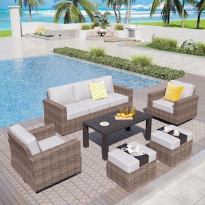 Brown Rattan Wicker 6-Piece Outdoor Patio Conversation Set with Swivel Rocking Chairs, Table, Ottomans and Gray Cushions