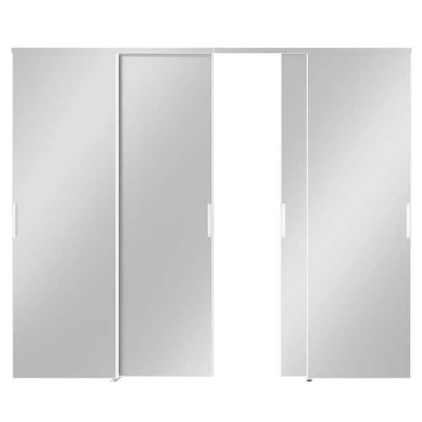 120 in. x 80 in. Full Lite, MDF, White, Mirrored Glass Sliding Door with Aluminum Frame and Handles