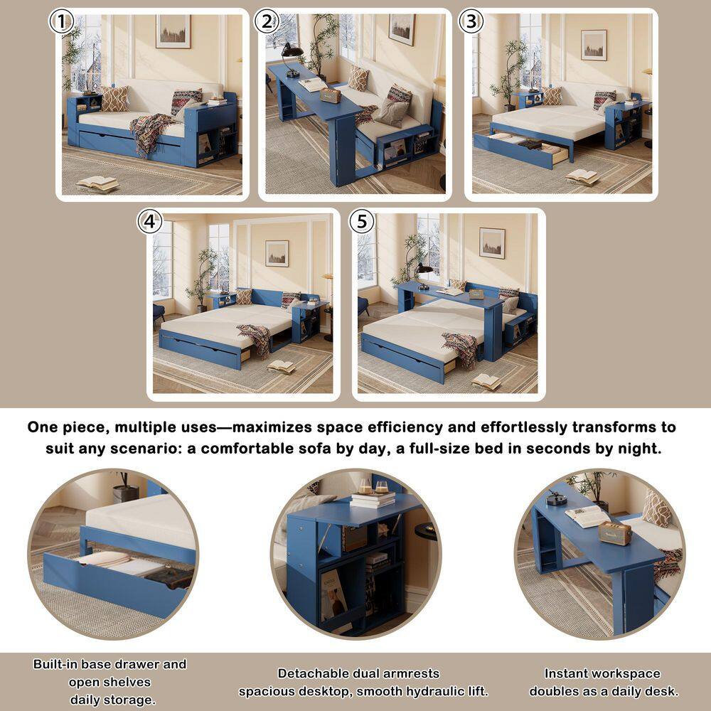 White Queen Size Daybed Convertible Platform bed with Removable Desk, Storage Drawer, Hydraulic Side Table - thumbnail 5