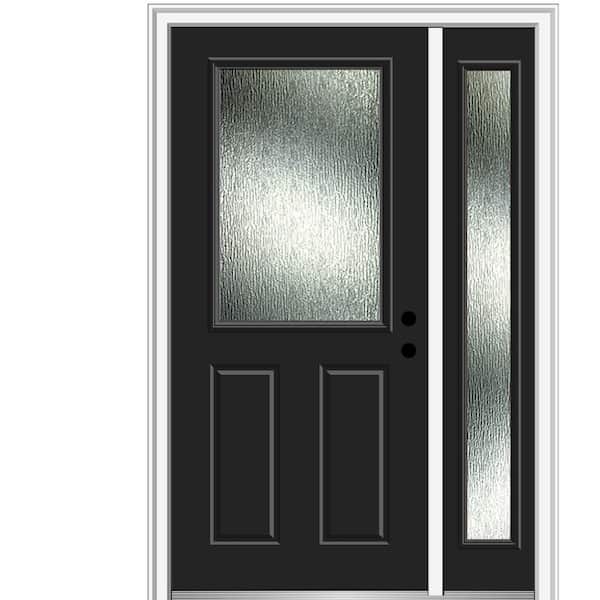 MMI Door 53 in. x 81.75 in. Left-Hand Inswing 1/2 Lite Rain Glass 2-Panel Painted Black Prehung Front Door on 4-9/16 in. Frame