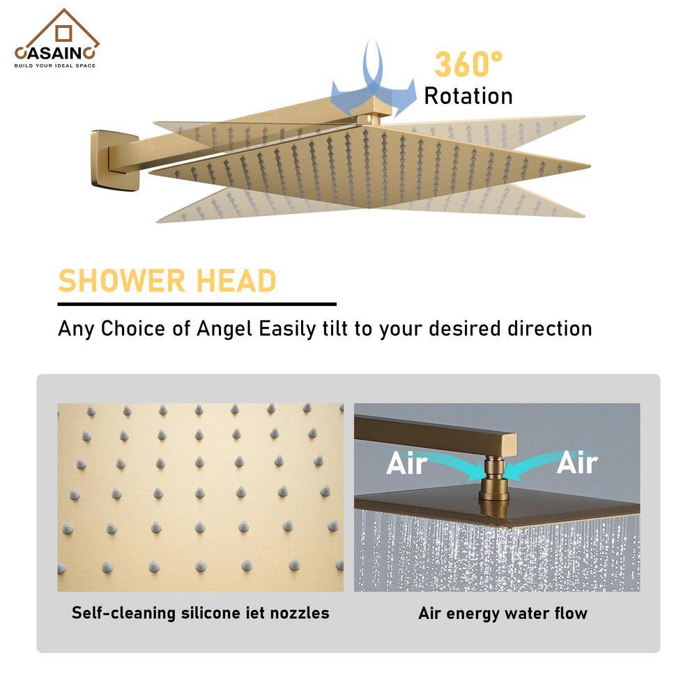 Brushed Gold Thermostatic Wall Mounted Rainfall Shower System with Body Jets