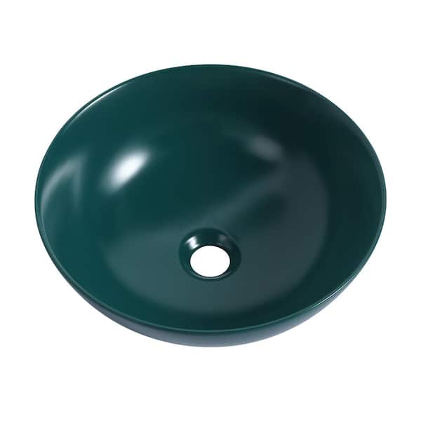 Flynama Bowl Shaped Ceramic Round Vessel Sink Countertop Art Wash Basin in Dark Green
