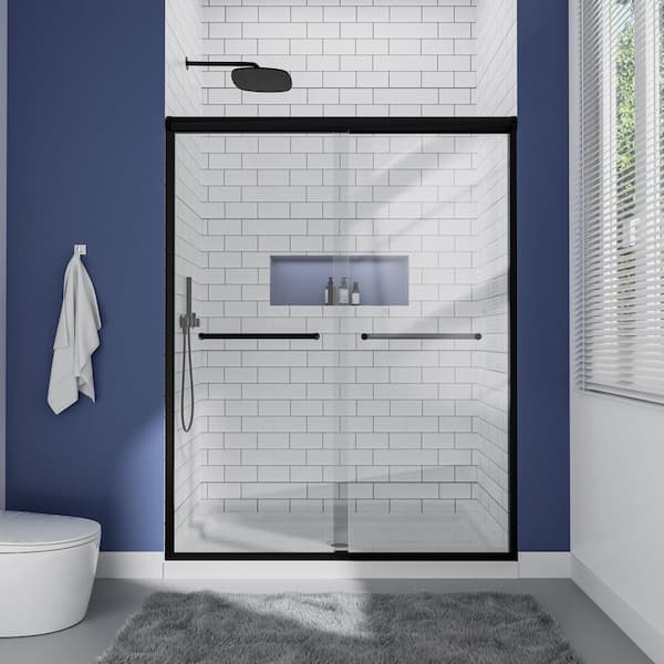 mortix 48 in. W x 72 in. H Double Sliding Framed Shower Door in Matte Black with 5/16 in. Clear Glass