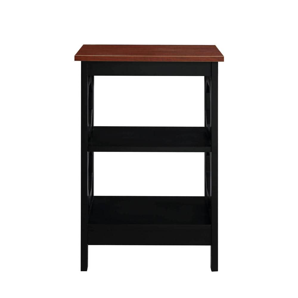 Round Cherry & Black Wood Omega End Table with Shelves