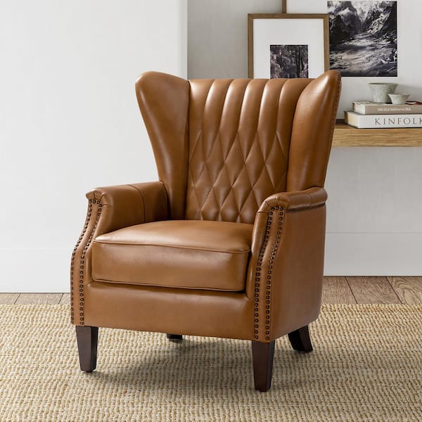 JAYDEN CREATION Valerius Camel Genuine Leather Armchair with Nailhead Trims and Solid Wood Legs