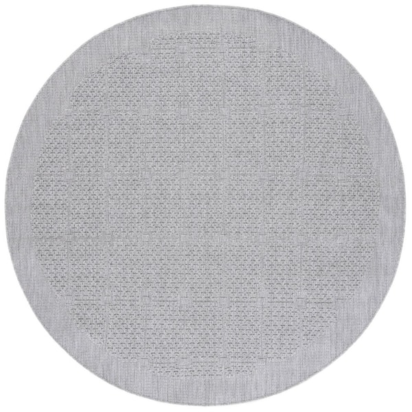 Milos Gray 7 ft. x 7 ft. High-Low Geometric Border Round Indoor/Outdoor Area Rug