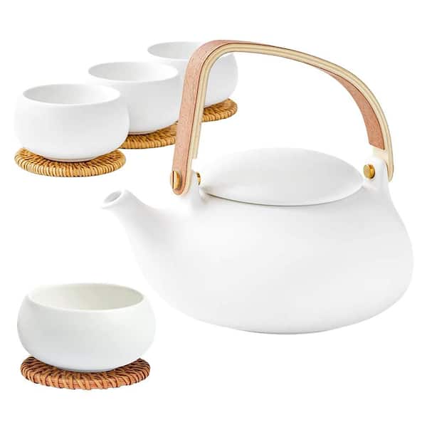 Modern Japanese Tea Set 1 Set Ceramic Teapot with Fine Mesh Strainer and 4 Cups Bentwood Handle Matte Glaze