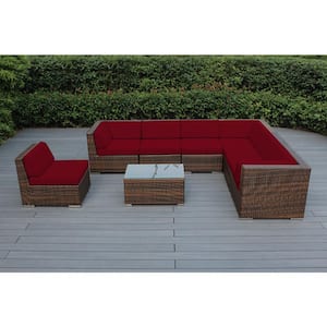 Ohana Mixed Brown 8-Piece Wicker Patio Seating Set with Sunbrella Jockey Red Cushions