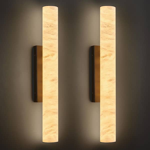 Natural Alabaster 27.5 in. 2-Light Modern Black LED Spanish Marble Wall Light Cylinder Wall Sconces (M-2Pack)