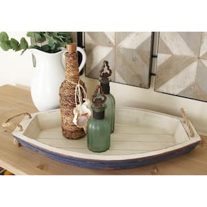 White Wood Sail Boat Decorative Tray with Rope Handles (Set of 2)