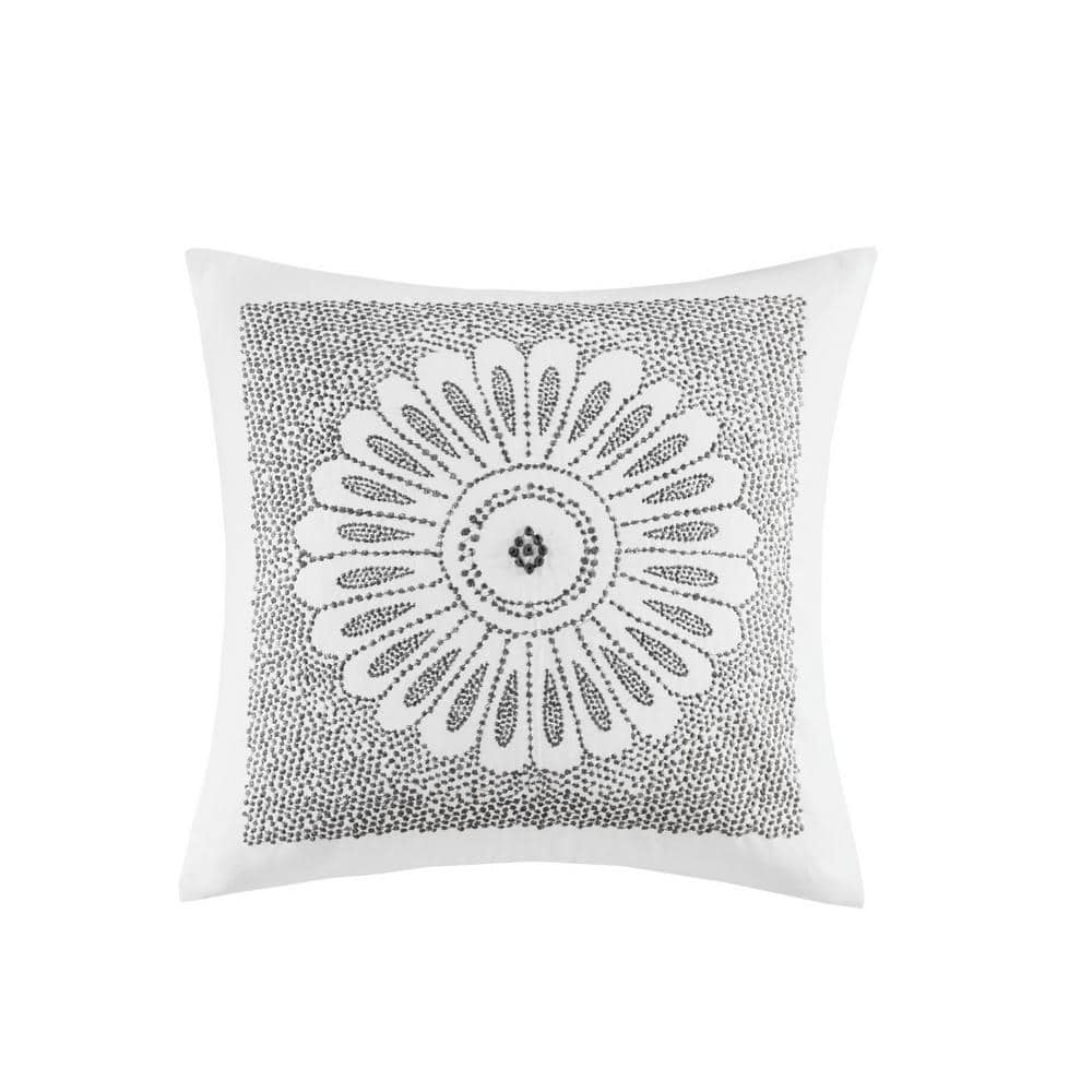Sofia 20" Modern Medallion Embroidered Grey and Off-White Square Pillow