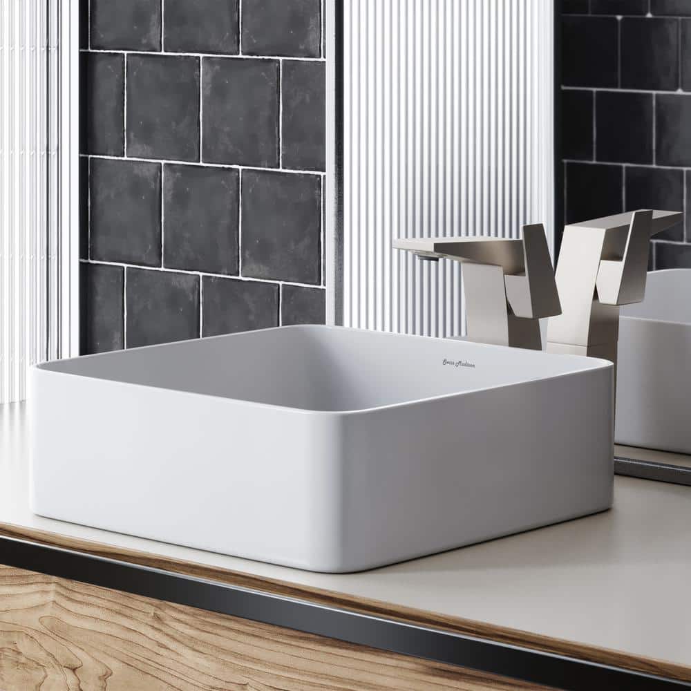 White Ceramic Square Above-Counter Vessel Sink, 15.74"