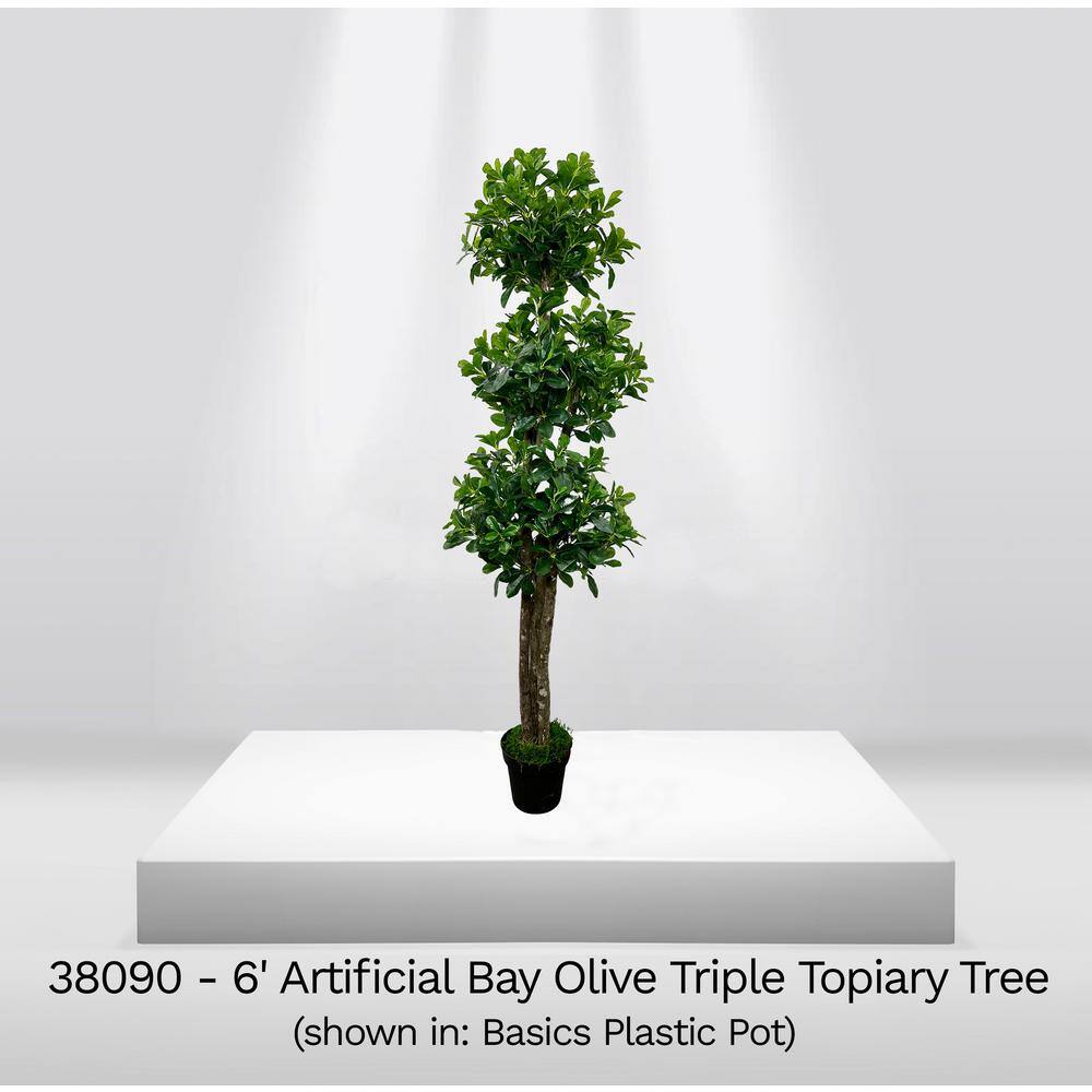 6' Artificial Bay Olive Triple Topiary Tree in Black Plastic Pot