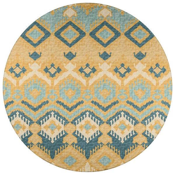 Addison Rugs Yuma Yellow 8 ft. x 8 ft. Geometric Indoor/Outdoor Washable Area Rug