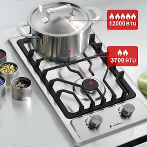 12 in. 2 Burners Recessed Gas Cooktop in Silver with Thermocouple Protection 13500 BTU, NG/LPG Dual Fuel Gas Stove Top