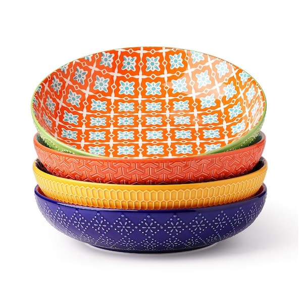 40 fl. oz. Multicolor Embossed Ceramic Wide Shallow Pasta Salad Serving Microwave Safe Bowl (Set of 4)