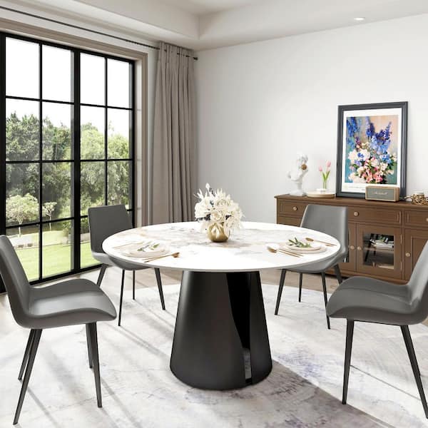 Magic Home 53 in. Pandora Circular Sintered Stone Tabletop Black Pedestal Base Kitchen Dining Table (Seats-6)