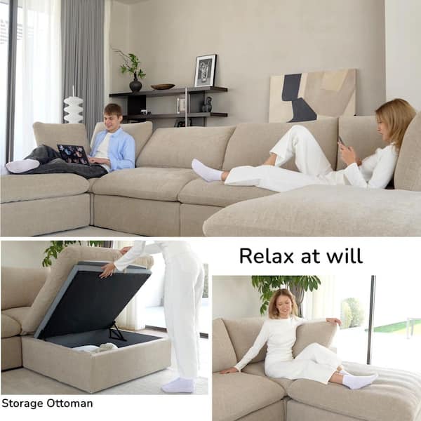 Large 118 in. Square Arm 3-Seater Polyester L Shape Modular Tuxedo Sofa with Storage Ottoman, Detachable Covers in Khaki