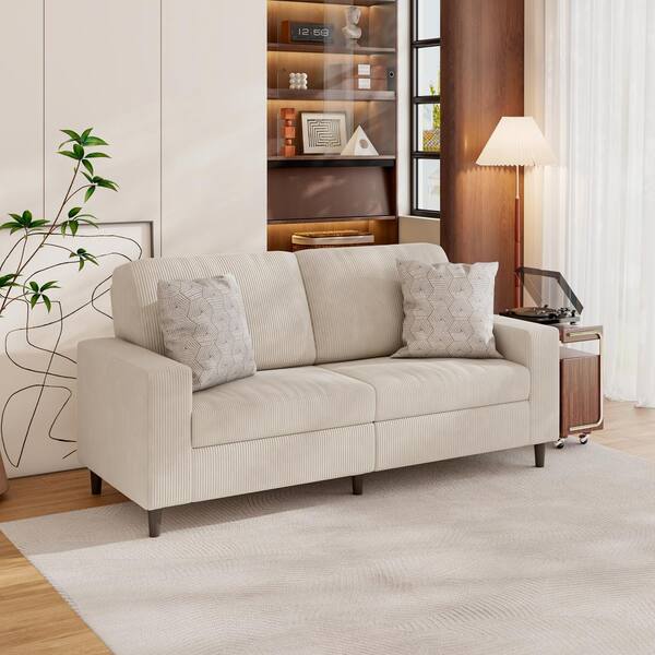 Handy Living Copeland 77.5 in. Square Arm Fabric Rectangle Modern Sofa in. Soft and Comfy Creamy Tan Corduroy with 2 Throw Pillows APT S186 FAY82