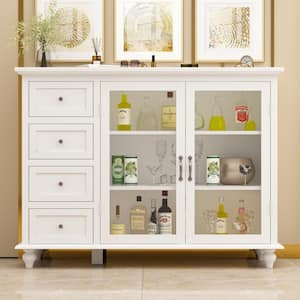 White Wooden Sideboard, Food Pantry, Wine Cabinet, Storage Cabinet with 4 Drawers and 3 Shelves