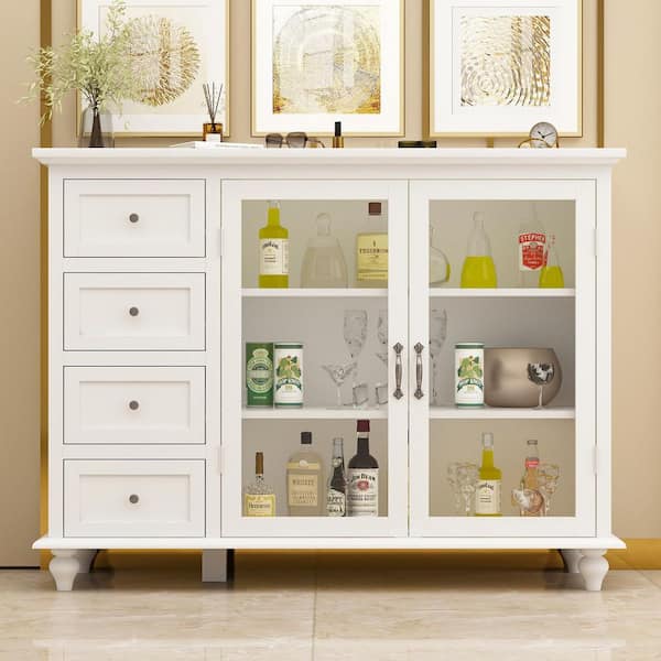 FUFU&GAGA White Wooden Sideboard, Food Pantry, Wine Cabinet, Storage Cabinet with 4 Drawers and 3 Shelves