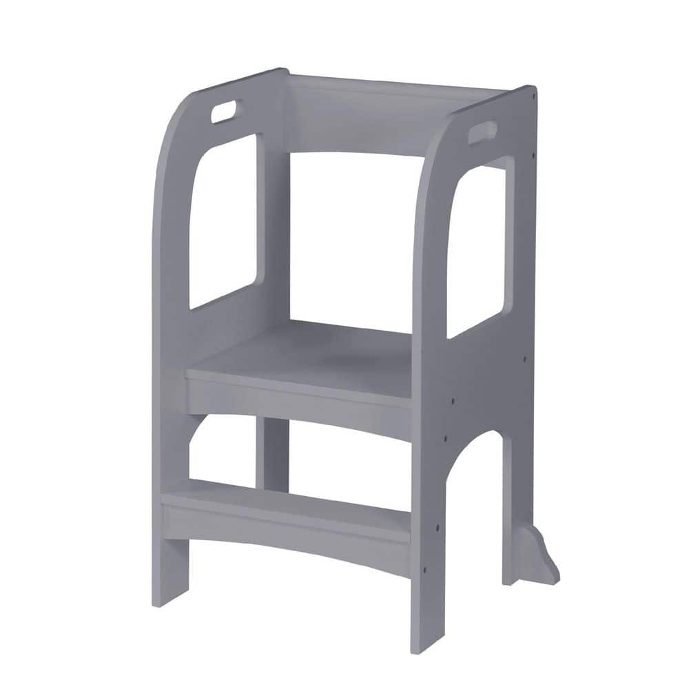 22.8 in. Gray MDF Wood Child Standing Tower Step Stool for Kids Toddler Ste