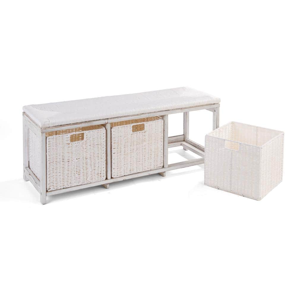 White Pine Wicker-Style Kid's Storage Bench with Baskets