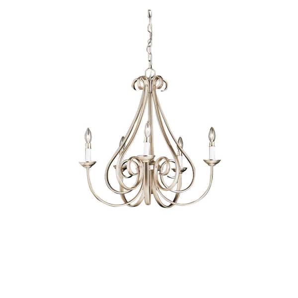 KICHLER Dover 25 in. 5-Light Brushed Nickel Transitional Candle Empire Chandelier for Dining Room