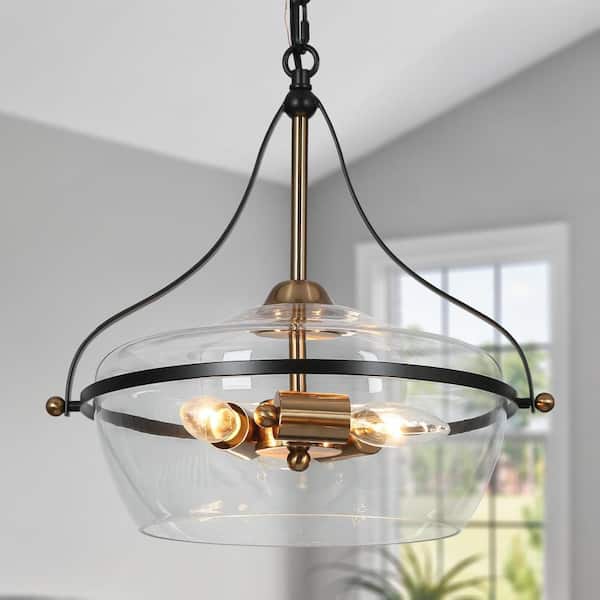 14 in. Modern 3-Light Brass Gold Chandelier Light, Black Pendant Light with Clear Glass, Bowl Hanging Ceiling Light