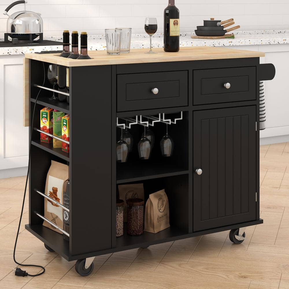 FAMYYT Rolling Black Drop Leaf Rubber Wood Tabletop 40 in. Kitchen Island with Power Outlet, Wine Rack and Adjustable Shelves