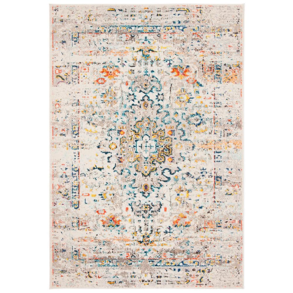 Cream and Blue Vintage Distressed Synthetic Area Rug