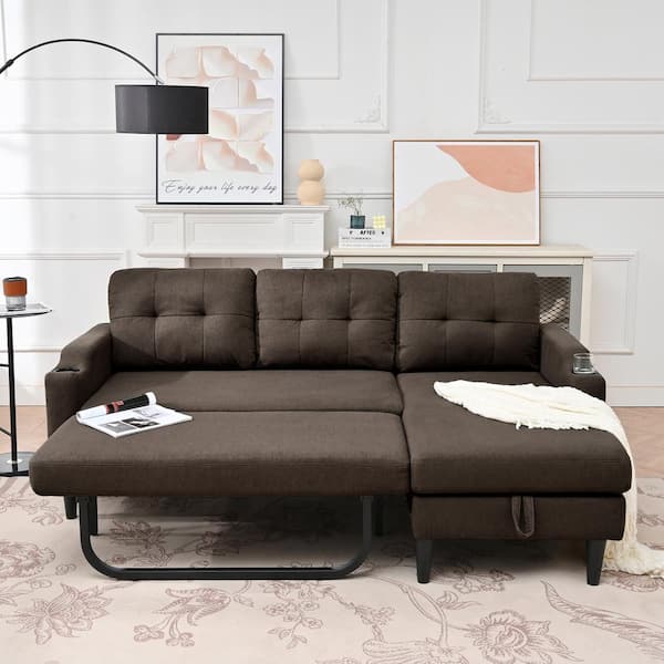 Harper & Bright Designs 74.8 in. L Shaped Fabric Sectional Sofa in. Brown with Storage, Convertible Sofa Bed with Side Pocket and Cup Holders