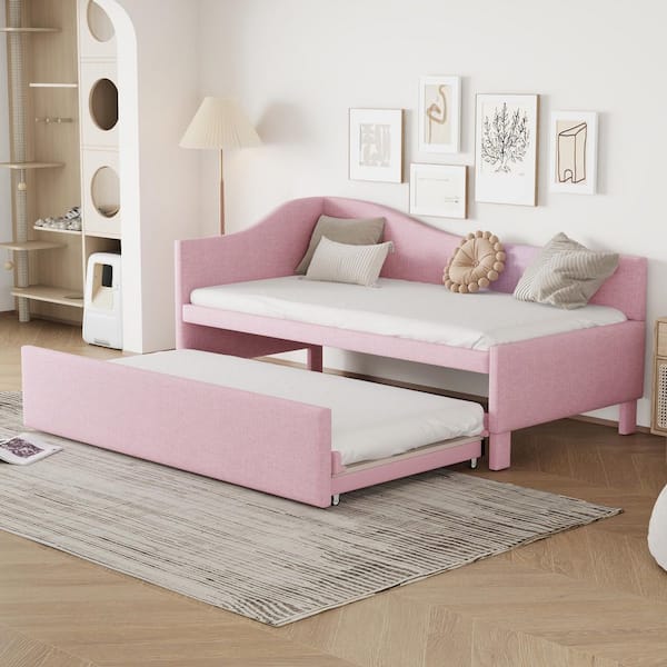 Pink Twin Upholstered L-Shaped Daybed with Pop Up Trundle