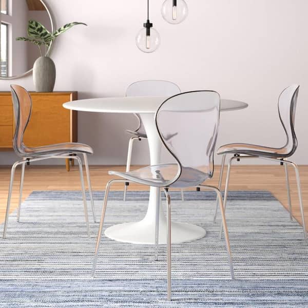 Leisuremod Bristol 5-Piece Dining Set Round White 35 in. MDF Top Dining Table and 4-Stackable Dining Side Chair with in Clear
