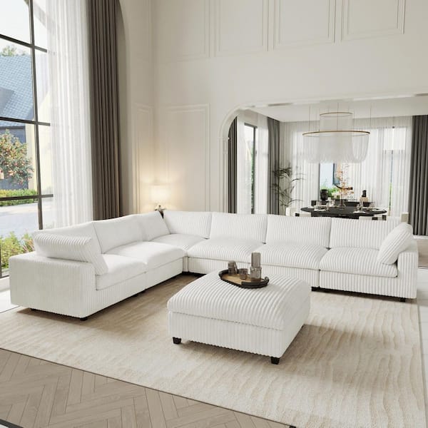 Magic Home Modern 197 in. Square Arm Velvet 7-Piece Modular Cloud Sectional Sofa with Washable Covers in Beige/6 Seats+1 Ottoman