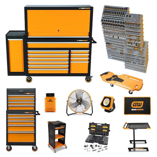 MEGAMOD 52 in. W Mobile Workbench Cabinet with Master Mechanics Tool Set in Foam Trays and Shop Equipment (1331-Piece)