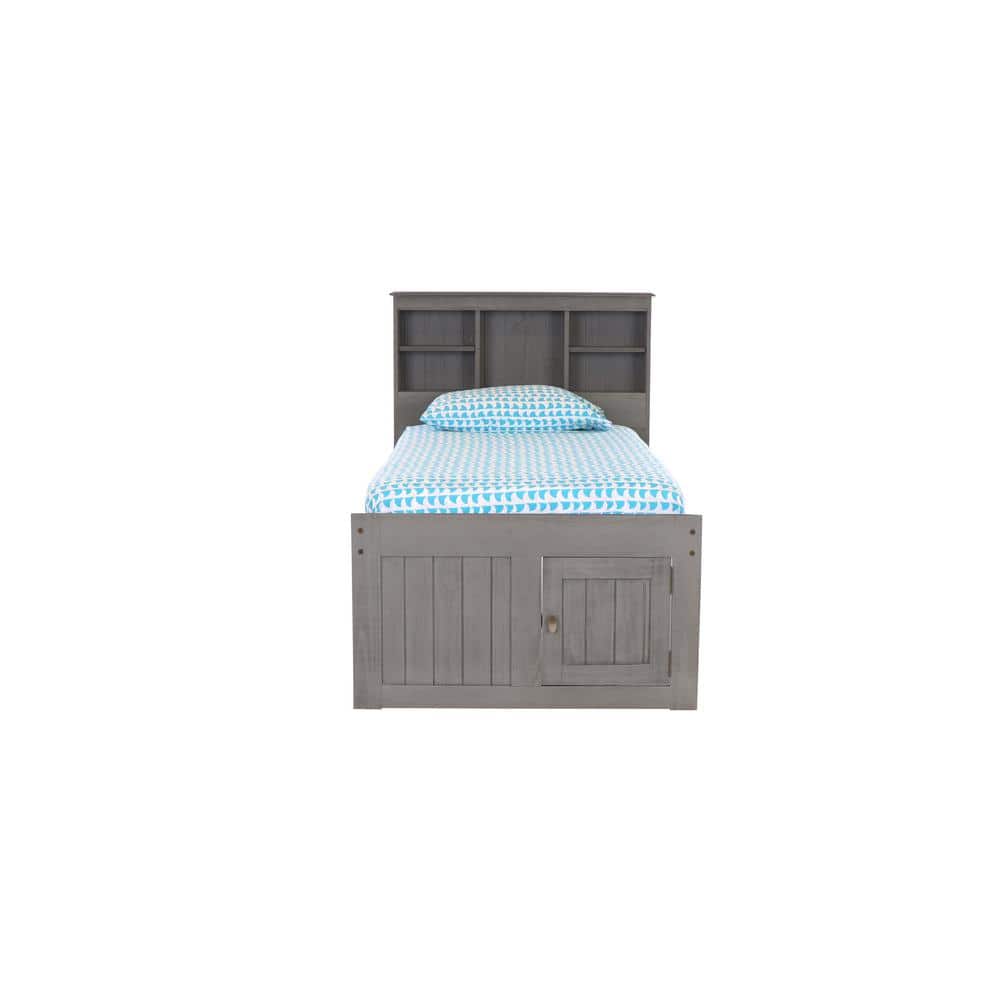 Charcoal Gray Twin Wood Captain's Bed with Storage and Bookcase