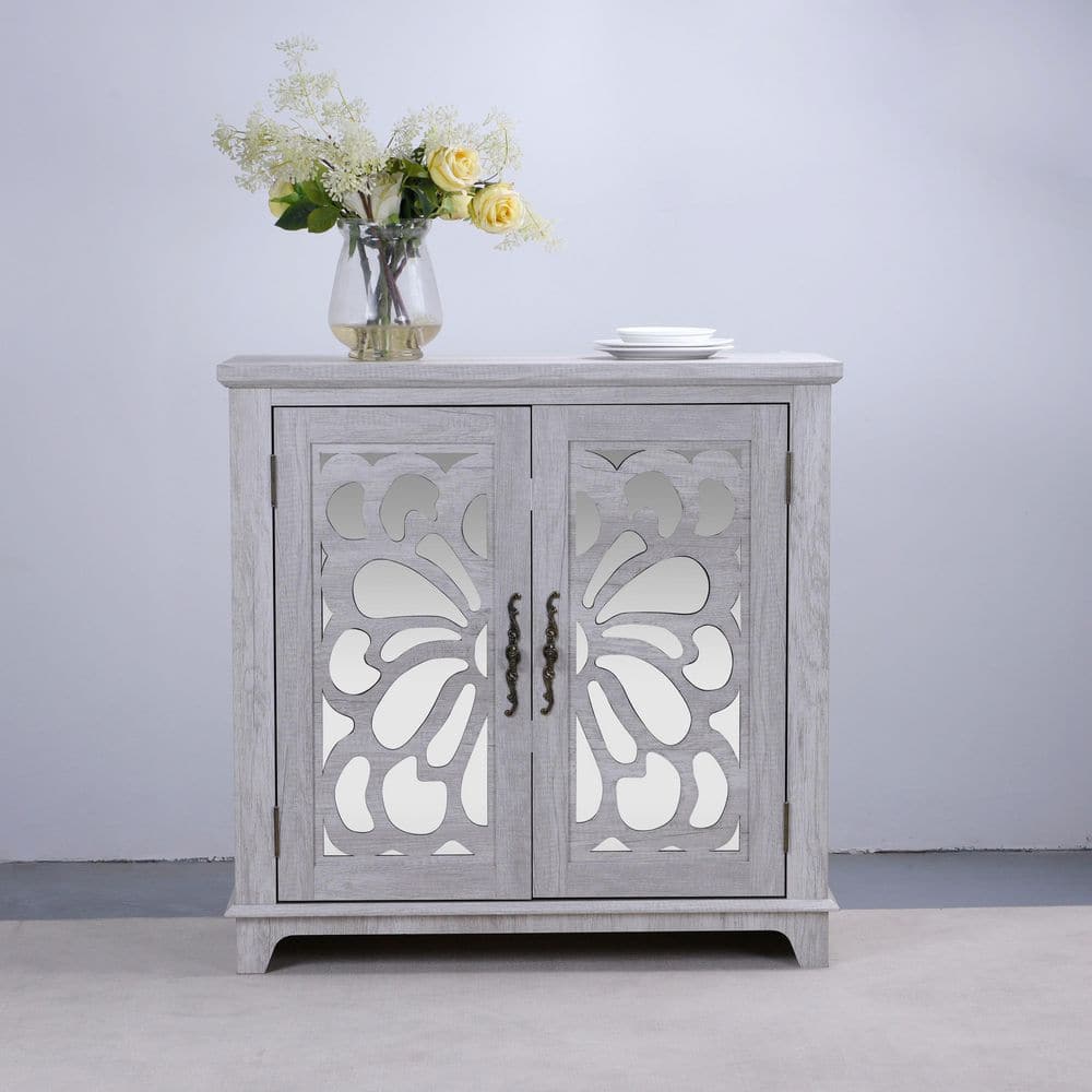 34.37 in. W Light Gray MDF Sideboard Buffet with 2 Acrylic Mirrored Doors Adjustable Shelf for Living Room, Kitchen