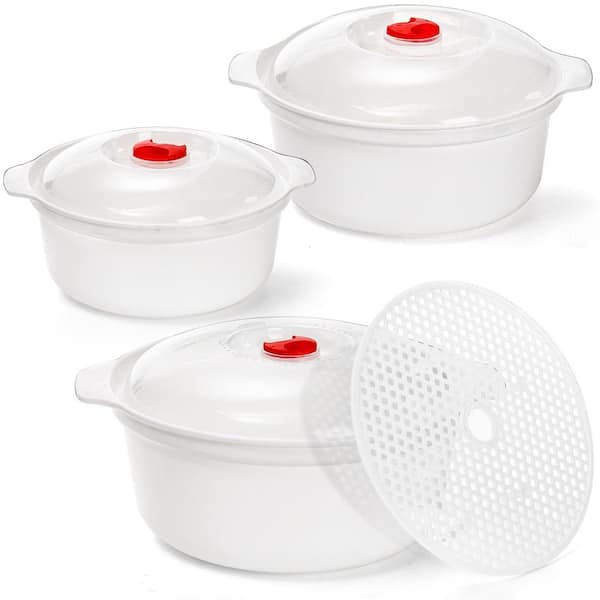 3-Pack PP Microwave Cookware with Lid, BPA-free, Soup Containers with Steamer, Mixing Bowls, Food Storage Cookware