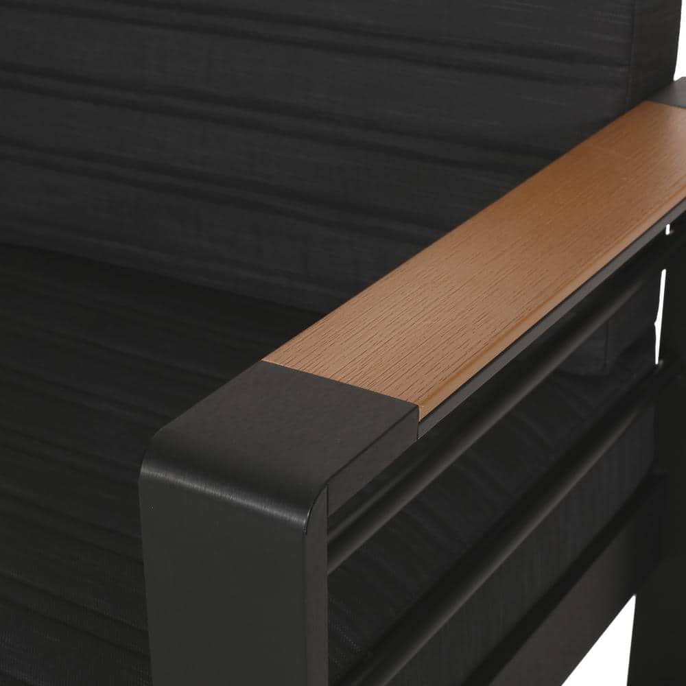 Modern Black and Natural Wood Three-Seater Outdoor Sofa