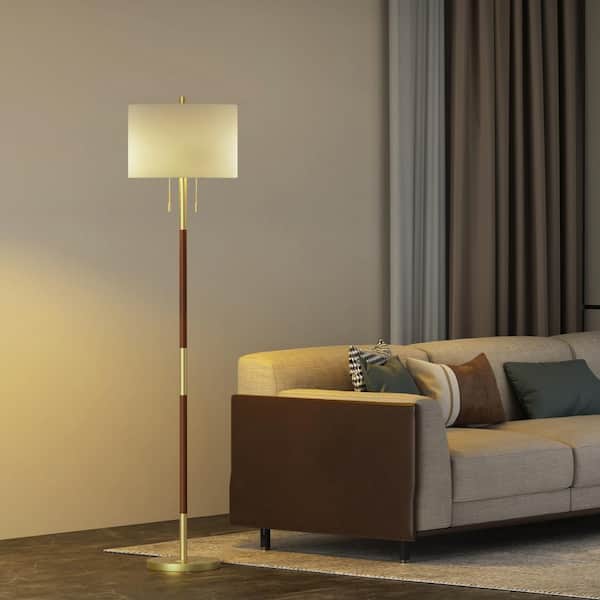 Montgomery 65 in. Gold Column Floor Lamp With White Linen Lampshade