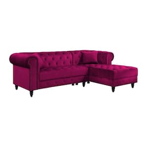 61 in. Rolled Arm 2-Piece Fabric L Shaped Sectional Sofa in Red with Chesterfield Design