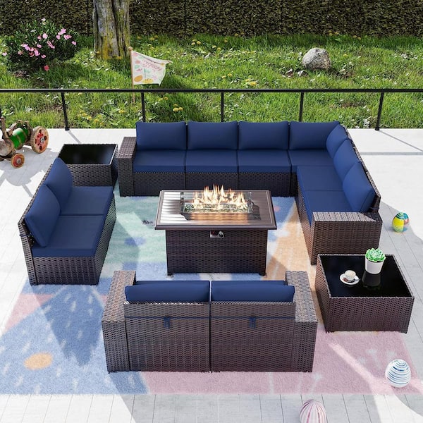 Halmuz 13-Piece Wicker Patio Conversation Set with 55000 BTU Gas Fire Pit Table and Glass Coffee Table and Navy Cushions