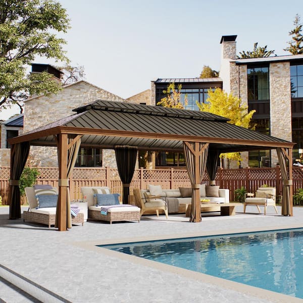 12 ft. x 24 ft. Double Iron Roof Hardtop Gazebo Aluminum Wood-Grain Frame Gazebo with Mesh and Curtains.